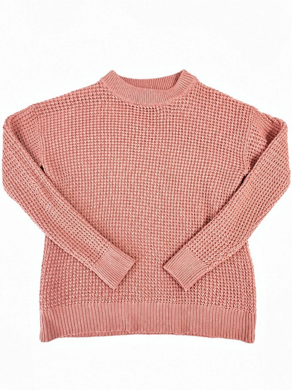Time and Tru Women's Waffle Crewneck Pullover Sweater Pink Small